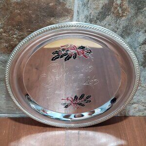 International Silver Plated Seasons Greetings Metal Serving Platter Holly Berrie